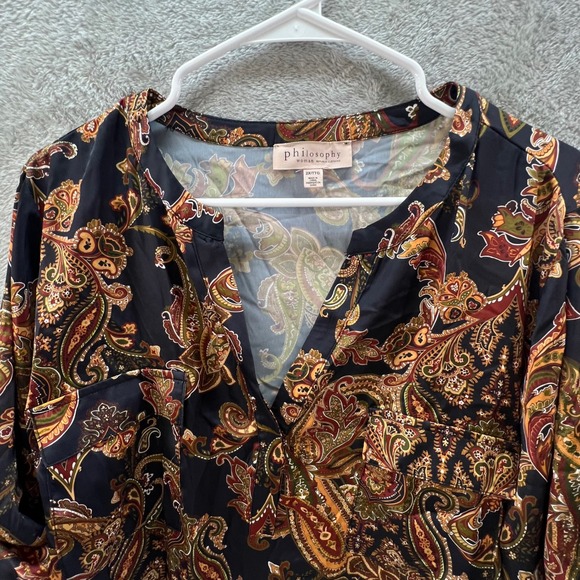 Philosophy Woman 2X Paisley Henley Blouse 3/4 Roll Tab Sleeve Boho Classic Fall - Picture 2 of 10